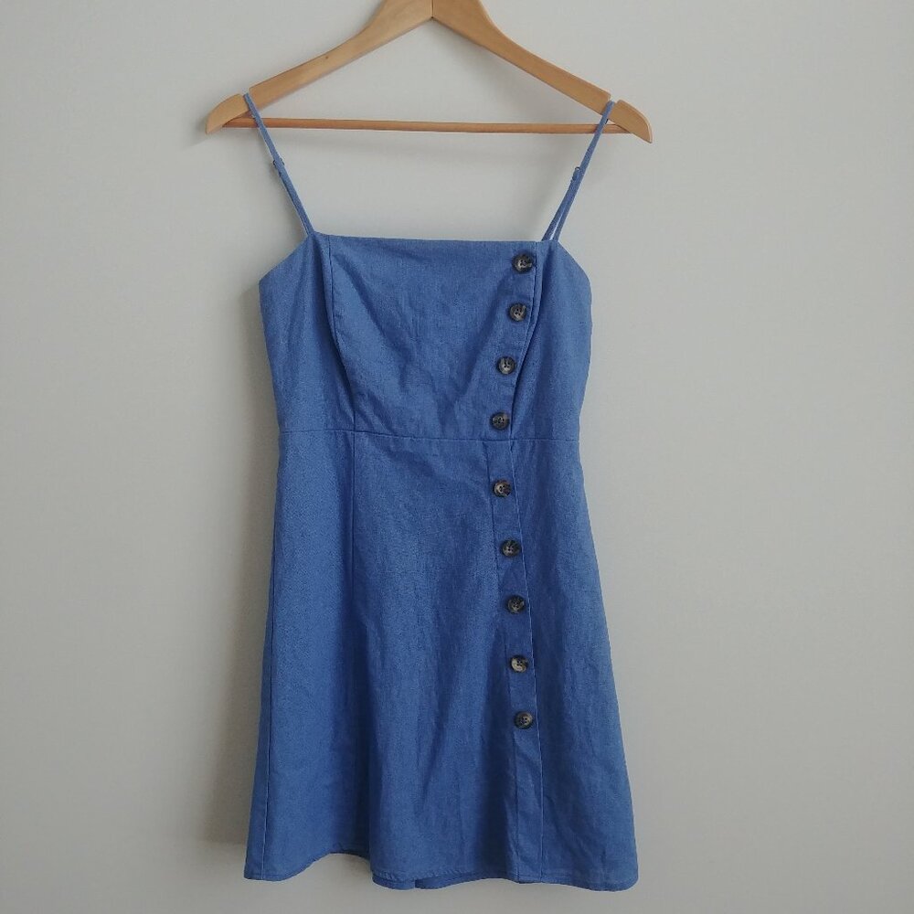 Copper Key bue linen cotton short spaghetti strap mini dress button detail Small